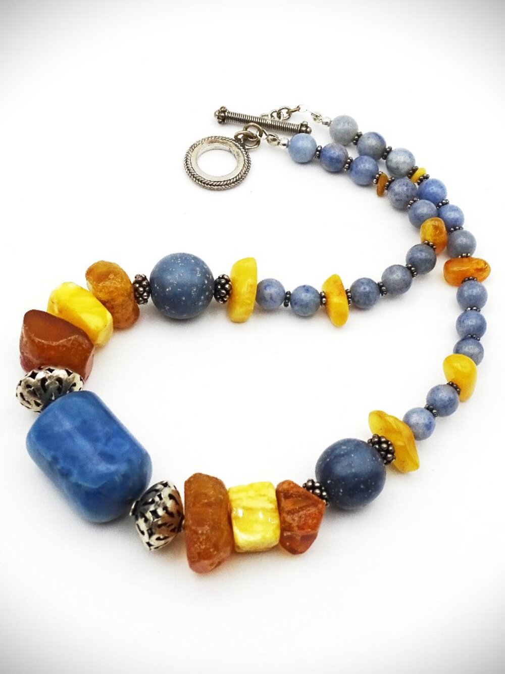 VINTAGE Sterling Silver Genuine Amber & Blue Calcite Beads Necklace & Earrings